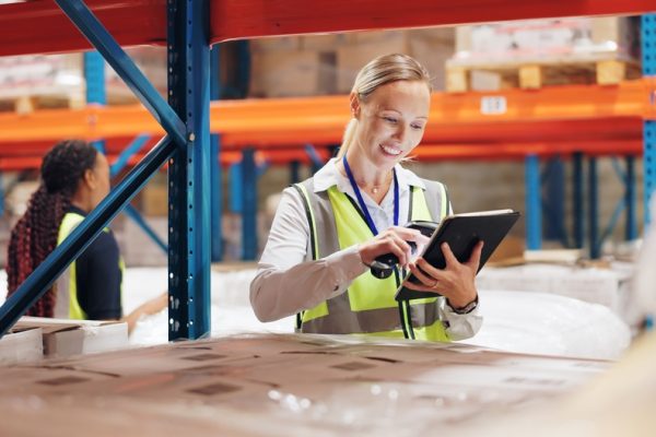 Woman,,Tablet,And,Scanner,For,Boxes,In,Warehouse,For,E