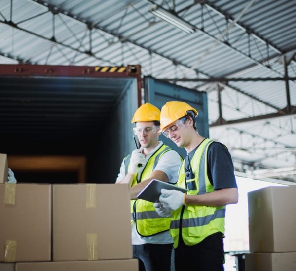 Logistics,Workers,In,Safety,Vests,And,Helmets,Loading,Packages,From